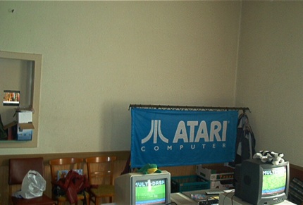 [Photo: Atari flag hanging in a corner]