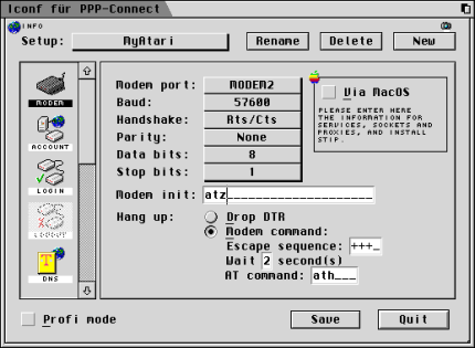 [Screen-shot: Modem configuration]