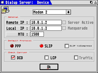[Screen-shot: Atari dial-up server configuration]