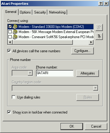 [Screen-shot: Windows 2000 Modem Properties]