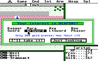 [Screen-shot: Shopping for weapons]