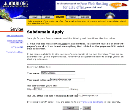 [Screen-shot: Atari.Org sign-up page]