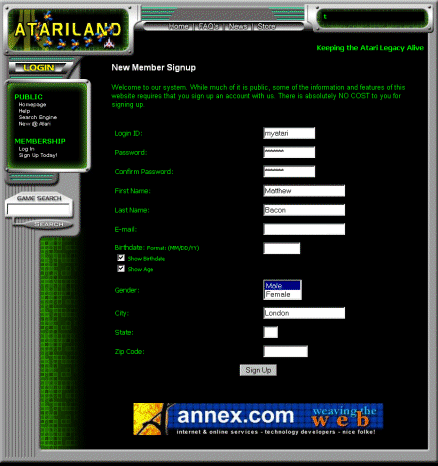[Screen-shot: Atariland sign-up page]