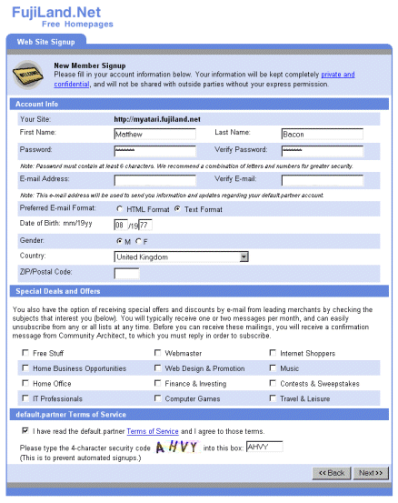 [Screen-shot: Fujiland sign-up page]