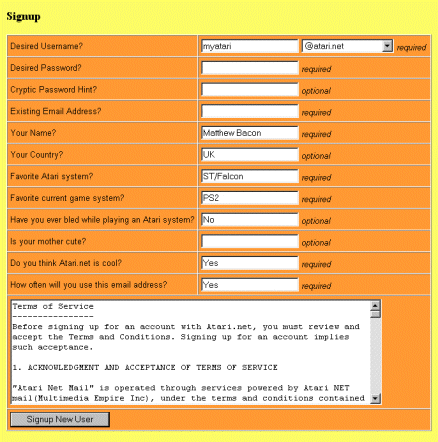 [Screen-shot: Atari NET sign-up page]