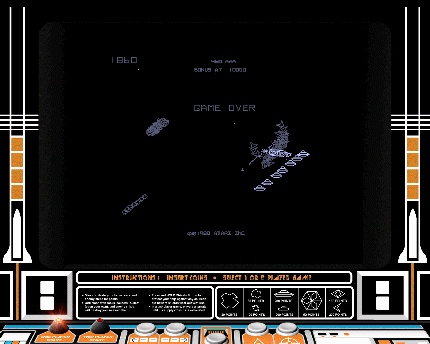 [Screen-shot: Asteroids Deluxe in trippy mode]