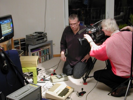 [Photo: Setting up the shot of the Atari 800]