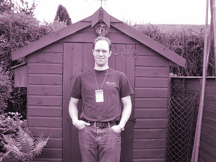 [Photo: Gaztee in front of his garden shed wearing a Jaguar T-shirt]