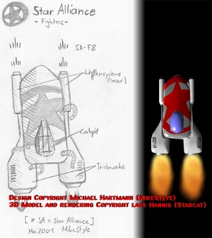 [Pencil sketch and CG rendering: spacecraft sprite]