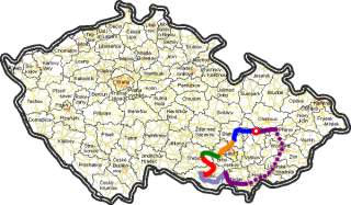 Mapa �R s vyzna�enou trasou.